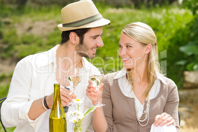 Restaurant terrace elegant couple celebrate sunny day