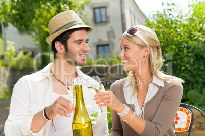 Restaurant terrace elegant couple celebrate sunny day