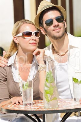 Restaurant terrace elegant couple  drink sunny day