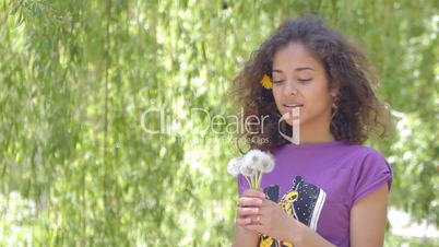 Young woman blowing dandelion seeds under the willows