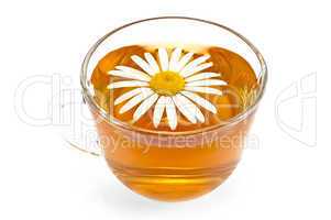 Herbal tea in a glass cup with camomile