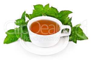 Herbal tea in a white cup with mint