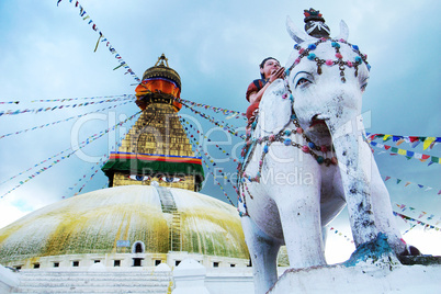 Boudhanath Stupa and prayer flags in Kathmandu, Nepal