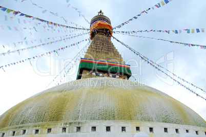 Boudhanath Stupa and prayer flags in Kathmandu, Nepal