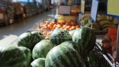 Fruits and vegetables in the supermarket. Watermelons