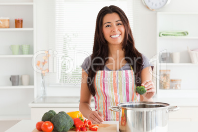 Beautiful woman preparing vegetables while standing