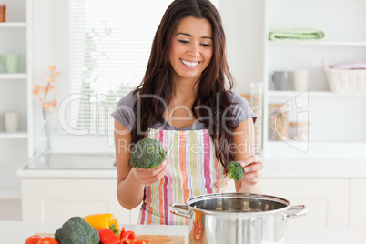 Beautiful female preparing vegetables while standing
