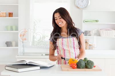 Beautiful woman consulting a notebook while cooking vegetables