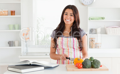 Good looking woman consulting a notebook while cooking vegetable