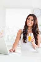 Attractive woman relaxing with her laptop while holding a glass