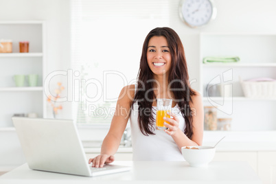 Beautiful woman relaxing with her laptop while holding a glass o