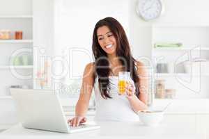 Good looking woman relaxing with her laptop while holding a glas