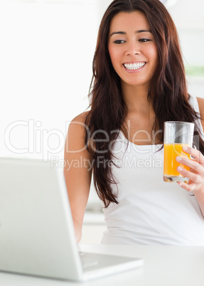 Pretty woman relaxing with her laptop while holding a glass of o