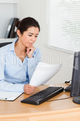 Beautiful woman looking at a computer screen while holding a she