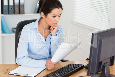 Gorgeous woman looking at a computer screen while holding a shee