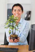 Gorgeous woman holding a plant while looking at the camera
