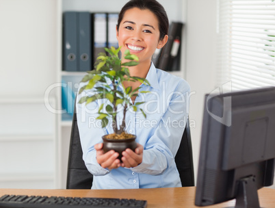 Attractive woman holding a plant while looking at the camera