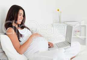 Lovely pregnant woman relaxing with her laptop while lying on a