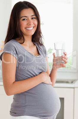 Beautiful pregnant woman holding a glass of water while standing