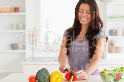 Attractive female cooking vegetables while standing