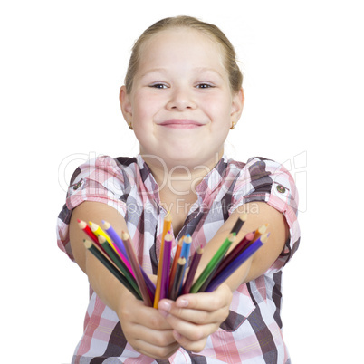 Girl with colored pencils on white background