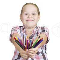 Girl with colored pencils on white background