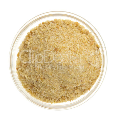 bread crumbs in a glass bowl