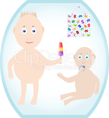 Two Cute baby. Child Boy sucks a dummy and look up