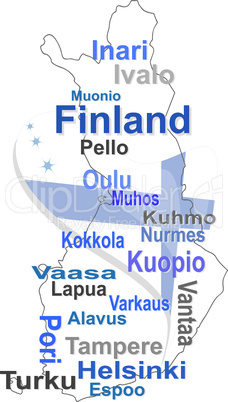 finland map and words cloud with larger cities