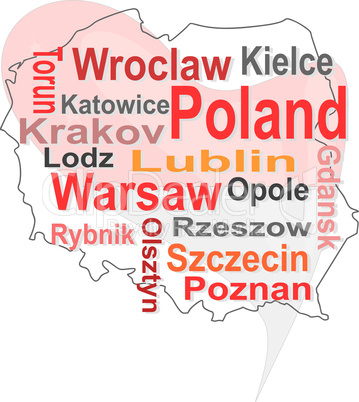 poland map and words cloud with larger cities