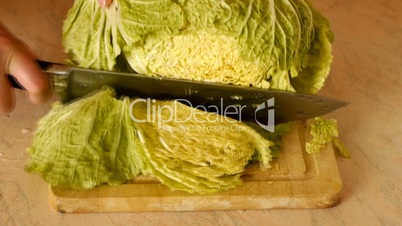 Woman cuts cabbage on wooden board