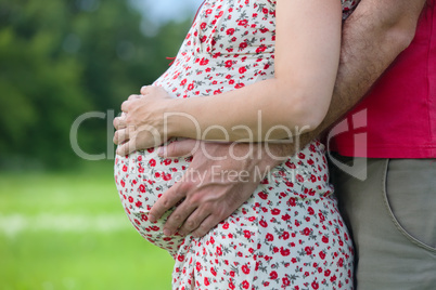 Husband hands on pregnant woman belly