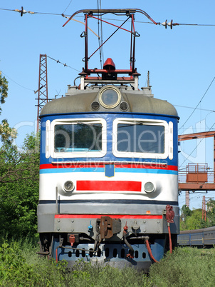 The locomotive on the overgrown rails.