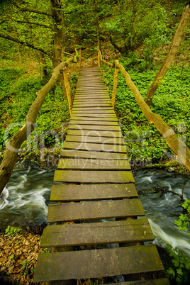 wooden bridge over a mountain stream in the woods