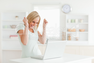 Laughing charming woman looking at laptop