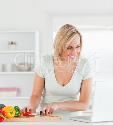 Close up of a young woman looking for a recipe on laptop