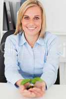 Businesswoman holding little green plant