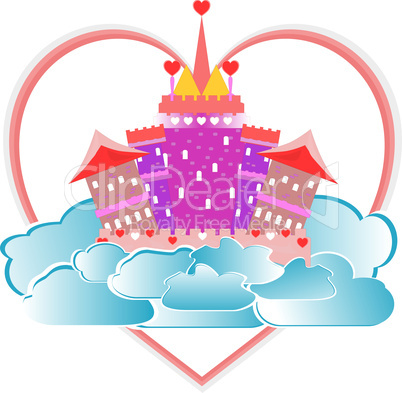 magical fairytale pink castle with heart and clouds on sky