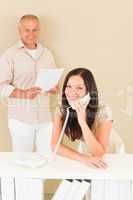 Casual businesswoman calling phone man colleague