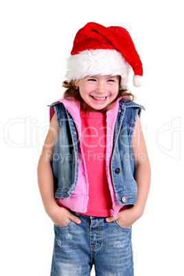 Little girl in denim suit and a hat of Santa Claus