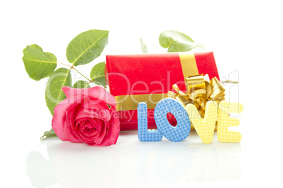 Red Rose, gift box and the text "LOVE"