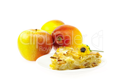 Apples and apple pie with flower isolated on white