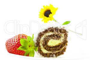 sweet roll flower and strawberry isolated on white