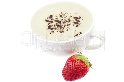 a cup of cappuccino and strawberry isolated on white