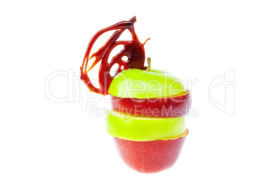 apple slices on each other with caramel isolated on white