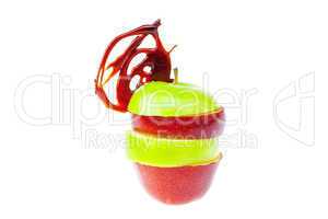 apple slices on each other with caramel isolated on white
