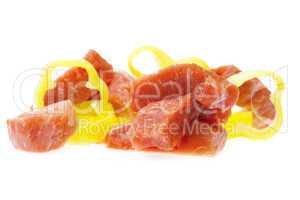 chunks of meat and peppers isolated on white