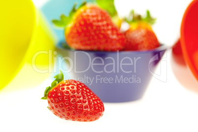 strawberries in a blue bowl  isolated on white