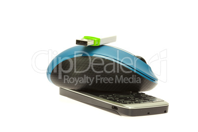 flash drive computer mouse and cell phone isolated on white