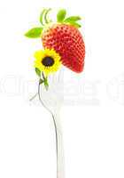 strawberry and flower on a fork isolated on white